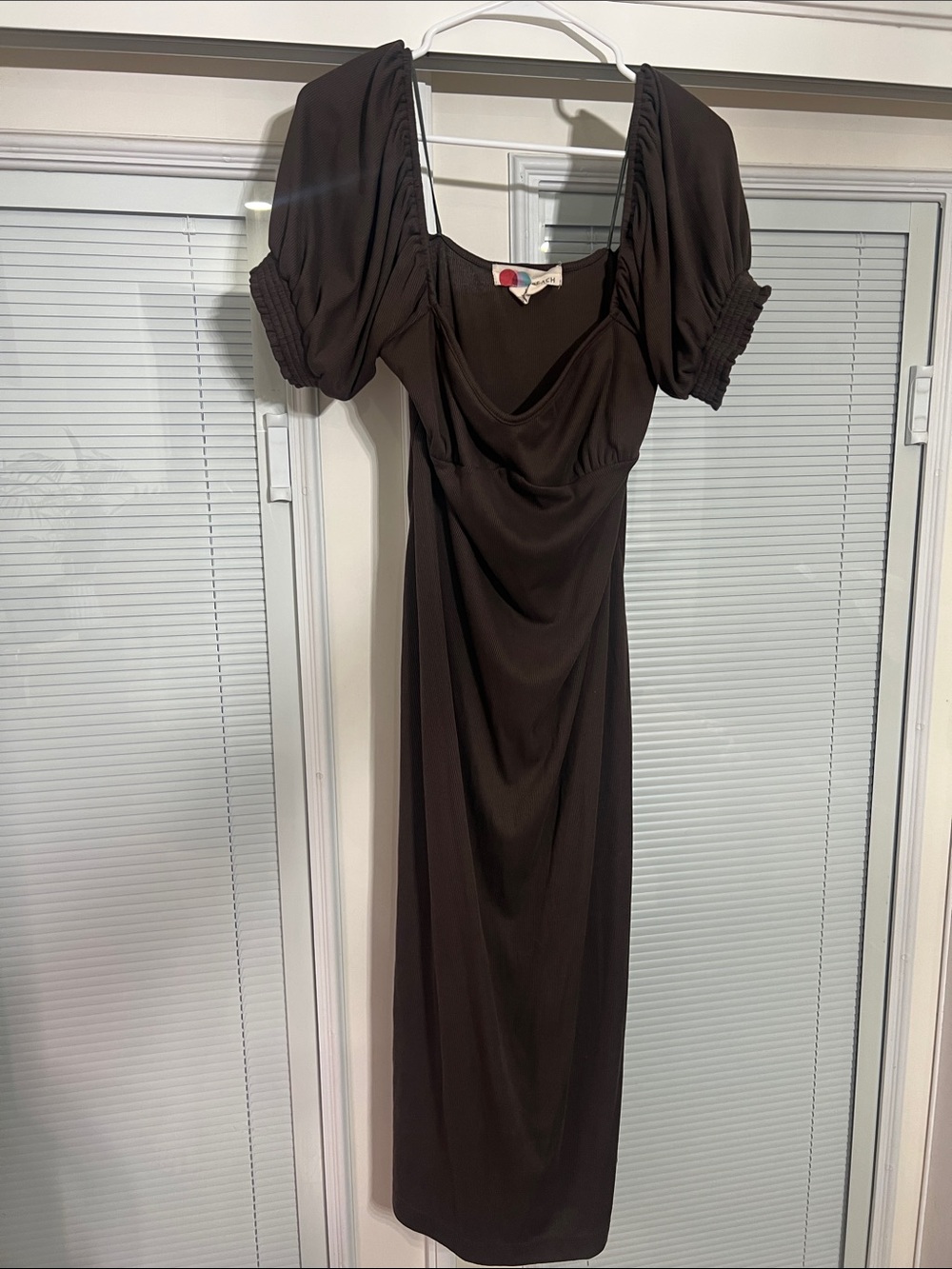 FP Beach Women’s brown Draped Midi Dress with Puff Sleeves
